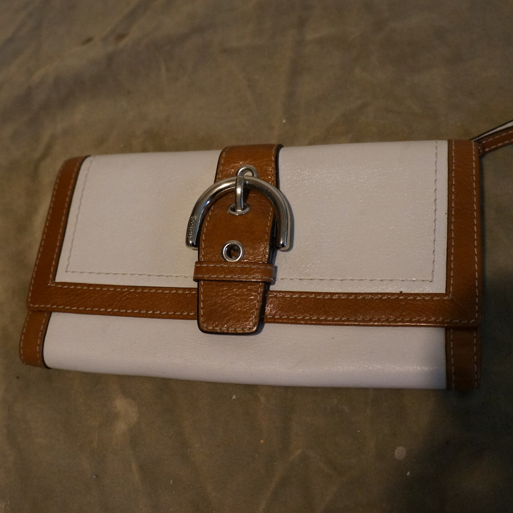 Coach trifold white and brown wallet